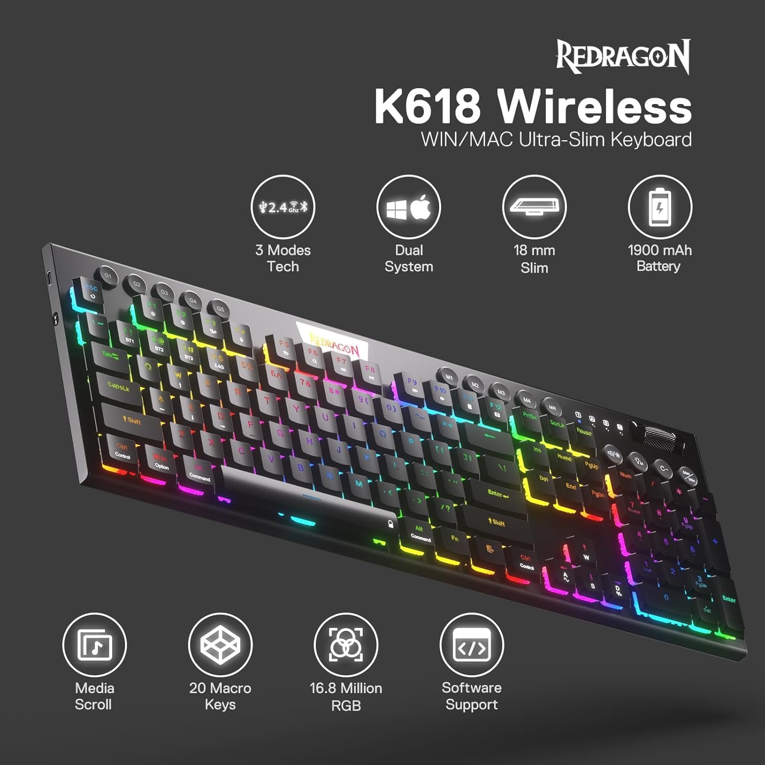 Redgon K618 PRO 3-Mode Wireless RGB Mechanical Keyboard - Image 2
